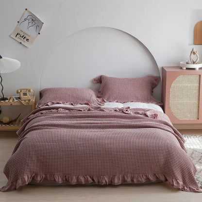 100% Baumwollweichbett Plaid Home Japenese Strickdecke Maiskorn Waffel geprägt Sommer Rüschen warmes kotes Wurfbettverschraub