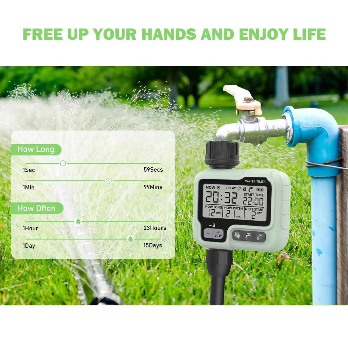 HCT-322 Automatisk vanntimer Garden Digital Irrigation Machine Intelligent Sprinkler Brukt utendørs for å spare vann og tid