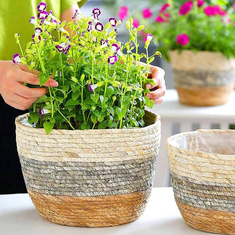 Käsintehty kudottu istutuskori pyykkivarasto koristeellinen kori olkihippu Rattan Seagrass puutarhakukkapotin säilytyskori