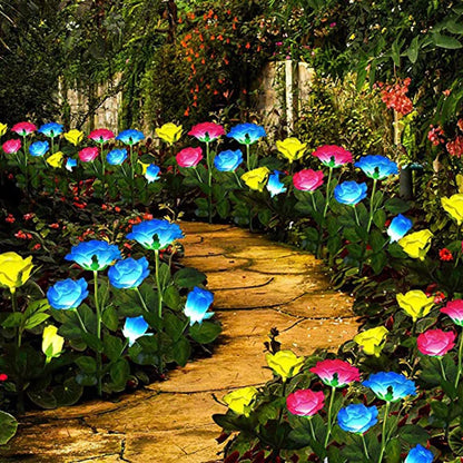 7 Köpfe Solarleuchten im Freien Dekorative Solargartenlichter Rosenblume Rasenlampe für Garten Terrasse Garten Dekor Blumen