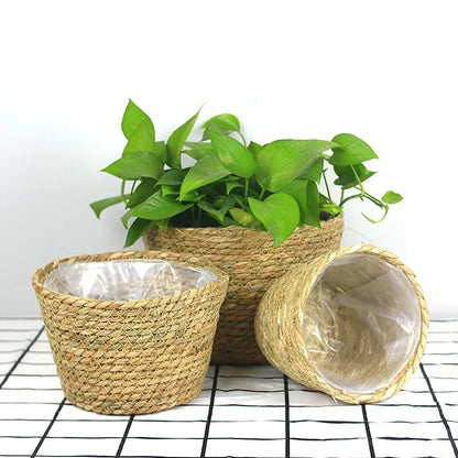 Käsintehty kudottu istutuskori pyykkivarasto koristeellinen kori olkihippu Rattan Seagrass puutarhakukkapotin säilytyskori
