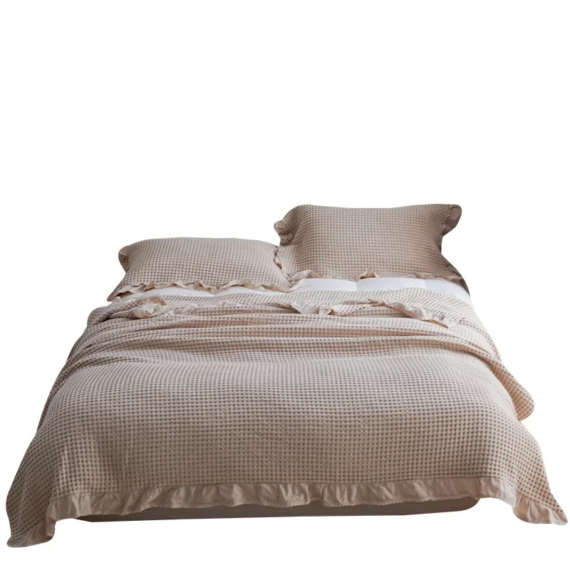 100% Baumwollweichbett Plaid Home Japenese Strickdecke Maiskorn Waffel geprägt Sommer Rüschen warmes kotes Wurfbettverschraub