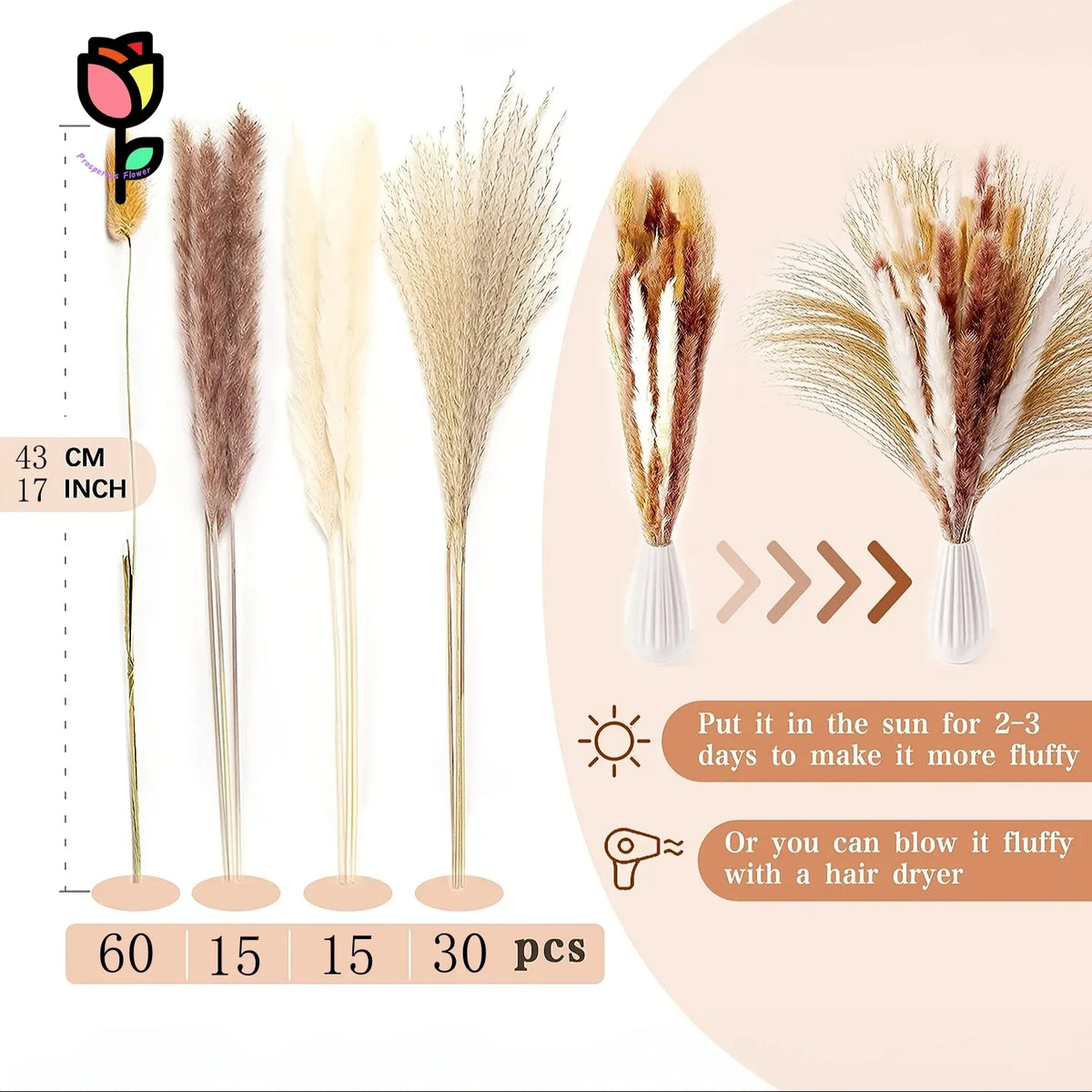 120 copë Lule të thata Pampas Pampas Bouquets Boho Dekora e Dasmës së Luleve të Luleve Artificiale Busha