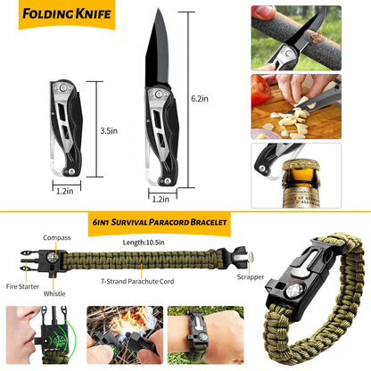 60 em 1 kit de sobrevivência multifuncional, equipamento de defesa militar de acampamento ao ar livre Primeiros socorros SOS para aventura no deserto