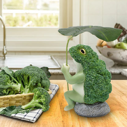 Grenouilles extérieures figurines jardin résine brocoli grenouille tenant la feuille de lotus assise sur l'ornement de sculpture roche