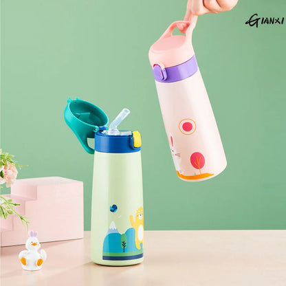 GIANXI Kids Stainless Steel Straw Thermos Mug With Case Cartoon Leak-Proof Vacuum Flask Children Thermal Water Bottle Thermocup