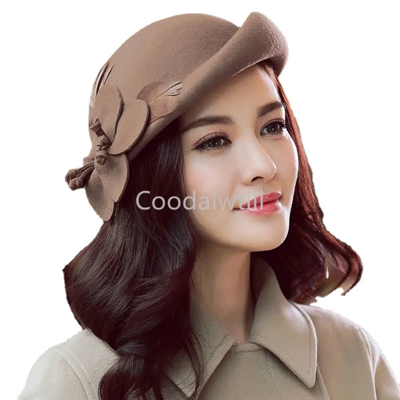 Konur 100% ull fannst fedoras vetur vintage cloche hattur með blóm upp beygju Brim bowler pillbox cap party dömur beret húfur