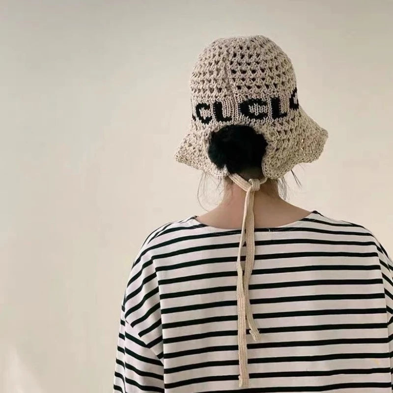 2024 New Korean Ins Retro Letter Straw Hat Spring and Summer Vacation Sunshade Foldable Tether Simple Sun Cap for Women‘s
