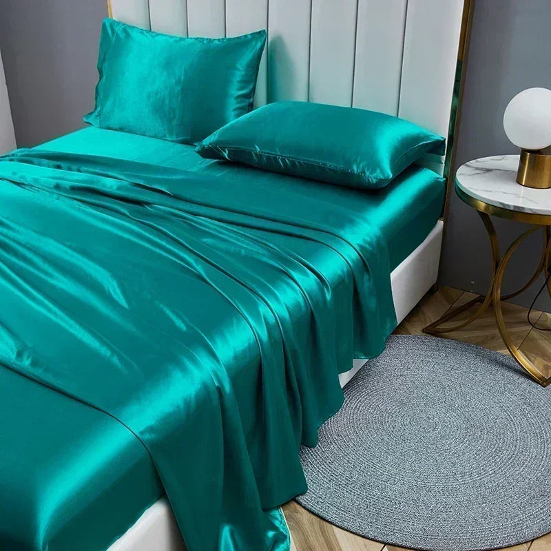 Lúxus satín efni queen size rúm blöð setja konung hágæða fest blað Flat lak koddahús solid rúm sett rúmföt sett