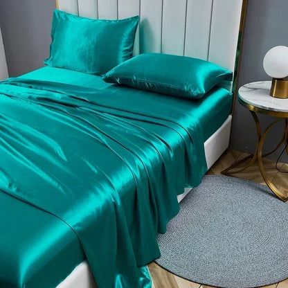 Lúxus satín efni queen size rúm blöð setja konung hágæða fest blað Flat lak koddahús solid rúm sett rúmföt sett