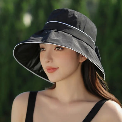 Cappello da sole con protezione UV, larghezza, versione coreana, dolce, cappello da sole per donne in estate, crema solare e versatile, cappello da bowknot