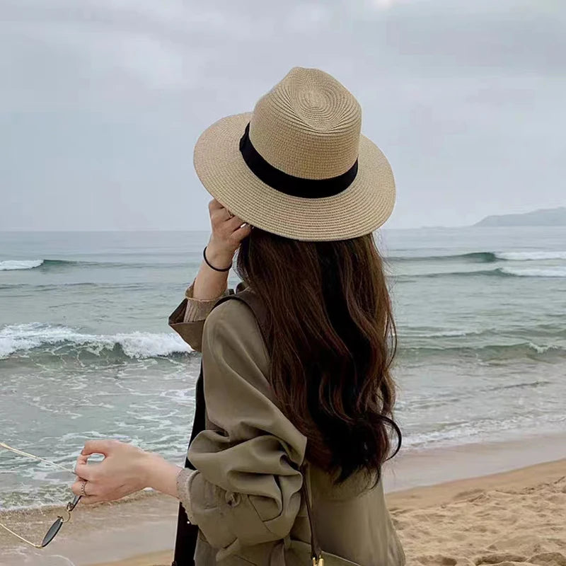 Gran tamaño 56-58 59-60cm Nuevo sombrero de paja de Panamá natural Hombres de verano Mujeres de ancho Wide Beh Beach UV Protección UV Fedora Sun Hat al por mayor