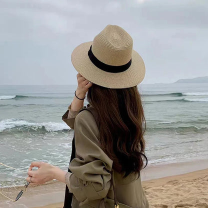 Gran tamaño 56-58 59-60cm Nuevo sombrero de paja de Panamá natural Hombres de verano Mujeres de ancho Wide Beh Beach UV Protección UV Fedora Sun Hat al por mayor