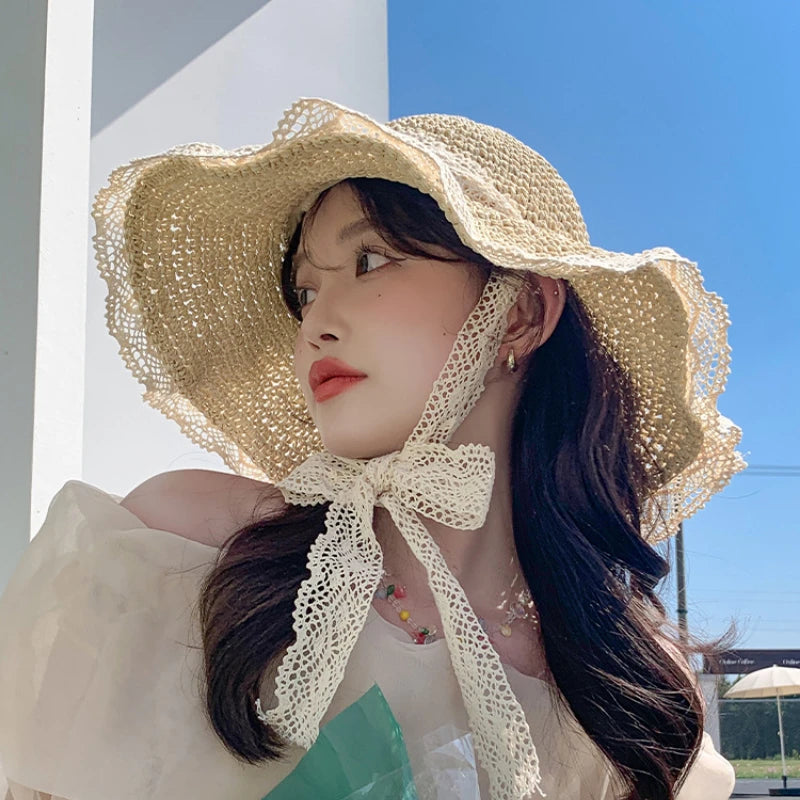 Kobiety Summer Straw Hat Foolble Sun Hat Wide Duże Brim Beach Hats Fashion Straw Hat Chapeau Femme Beach UV Cap Ochrona
