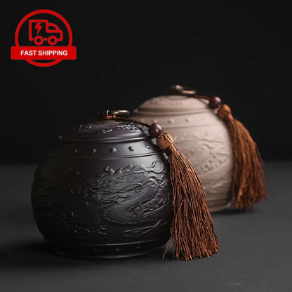 Vintage Purple Clay Tea Caddy Large Round Ceramic Storage Tank Sealed Pu'er Tea Box Dragon Series Tea Container Jars With Tassel
