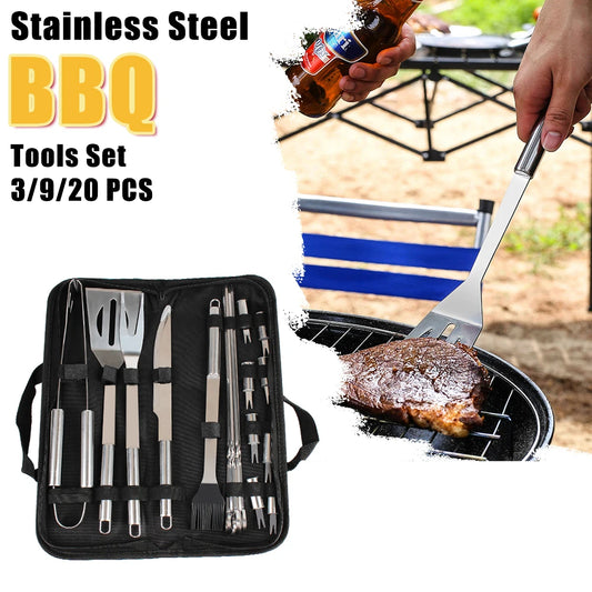 3/9/20 PCS BBQ Tools Sett rustfritt stål grillmatutstyr Spatula Fork Tongs Knife Brush Skewers for Camping Outdoor