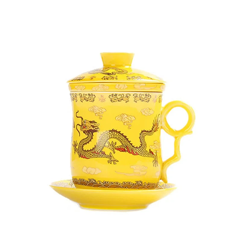 Chinese Dragon Pattern Tea-Mug with Strainer Infuser and Lid and Saucer Ceramic Tea Mug Convenient  Porcelain Personal Tea Cup