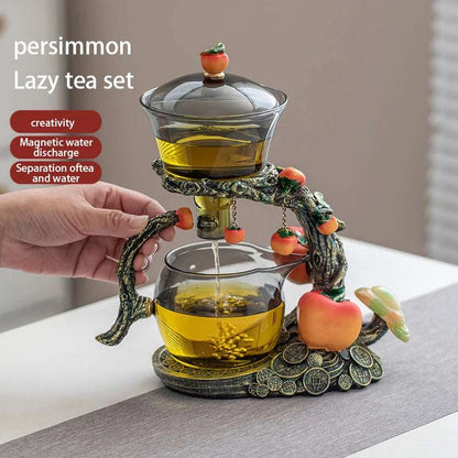 1 Set of Magnetic Lazy Tea Set - Automatic Persimmon Glass Teapot, Tea Cup, Tea Canister, Tea Tray Ideal gift for tea lovers