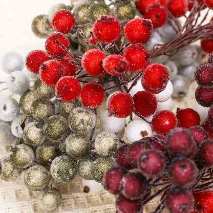 100/20 stk kunstig Holly Berries Mini Simulation Cherry Stamen Frosted Double Head Fake Berry Wedding Christmas Party Decor