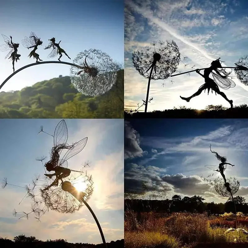 Pixies esculturas de jardín de hadas Estaca hadas y diente de león bailan juntos
