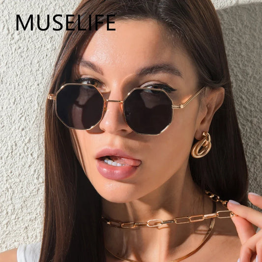 Muselife Polygon Sunglasses Men Vintage Octagon Metal Solbriller for kvinner Luksusmerke Goggle Sun Glasses Ladies Gafas de Sol