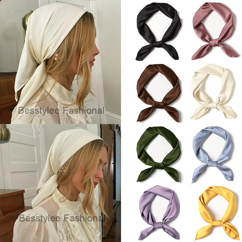 צעיף משי מרובע חדש צבעי שיער צעיף שיער סרטי שיער נשים בנות בנדנה בנדנה ליידי צוואר צוואר סאטן צעיף מטפחת
