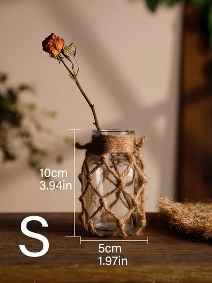 Hand Woven Hemp Rope Glass Vase Dry Flower Decor Art Glass Vase Nordic Living Room Table Decoration Bedroom Boho Home Decoration