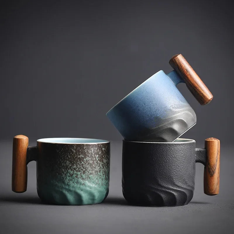 80ml Ceramic Retro Coffee Cup Office Water Cup Filter Tea Mug Wooden Handle Coffee Mug Handmade Tea Coffee Cup Birthday Gift