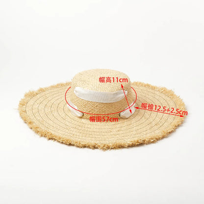 Naturlige Raffia Women Wide Brim Straw Hats Solshade Høy kvalitet Fedora Straw Hats Outdoor Travel Sand Bowknot Straw Hats