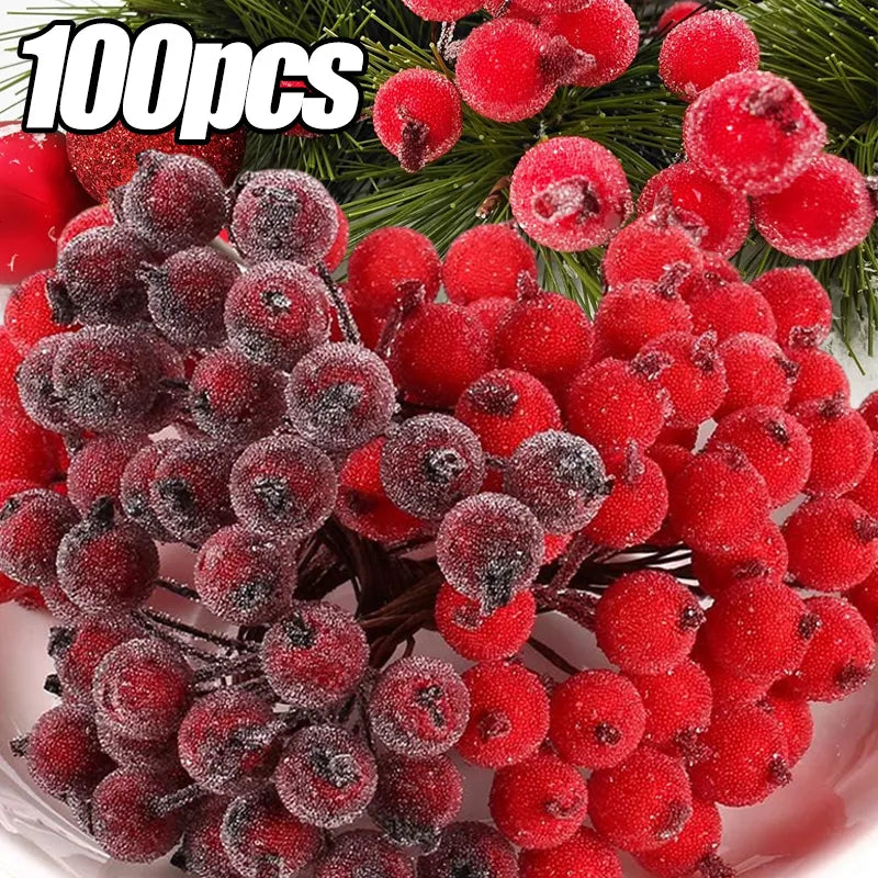 100/20 stk kunstig Holly Berries Mini Simulation Cherry Stamen Frosted Double Head Fake Berry Wedding Christmas Party Decor