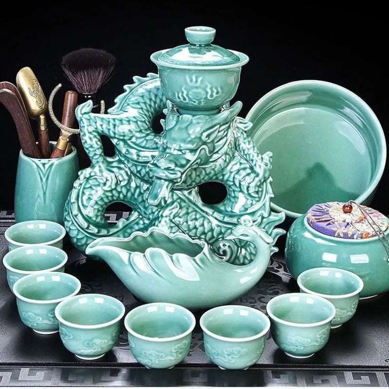 Lazy Tea Set Home Office Retro Dragon Semi Automatic Tea Pot Anti scalding Rotating Brewing Tea Set