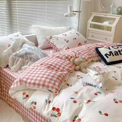 Kawaii Cherry Dupa Cover Set Pillowcase Floare Flori Floral Fete fete cu dimensiuni complete Kit de lenjerie de pat moale coreeană în stilul stilului de casă