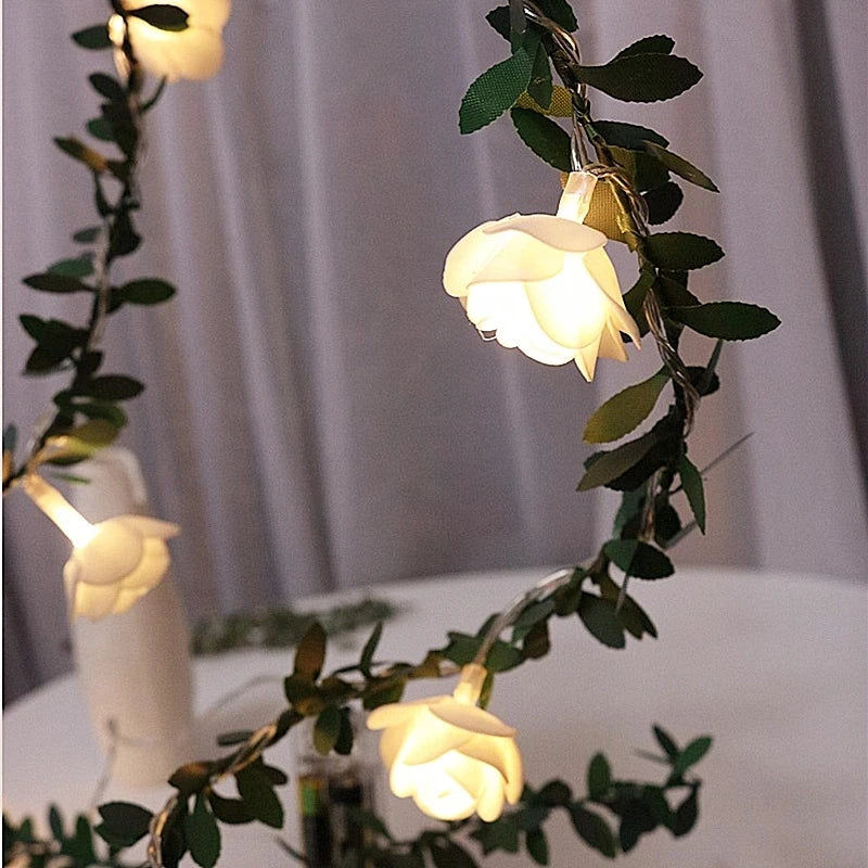 10/20leds Fehér 1,5/3Meter rózsa virághúr lámpákkal esküvői asztali dekorációk izzó mesterséges rózsa koszorú