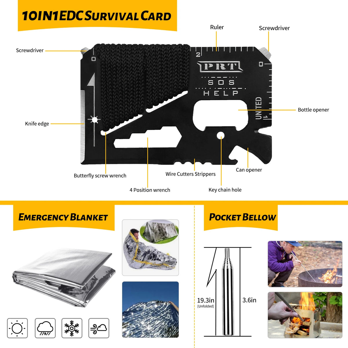 60 em 1 kit de sobrevivência multifuncional, equipamento de defesa militar de acampamento ao ar livre Primeiros socorros SOS para aventura no deserto