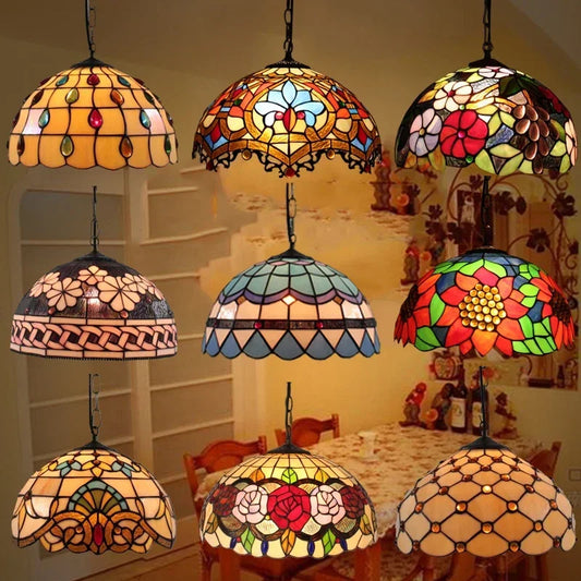 Retro Tiffany Style Colorful Glass Chandelier Mediterranean Pendant Light for Bar Bedroom Balcony Creative Decor