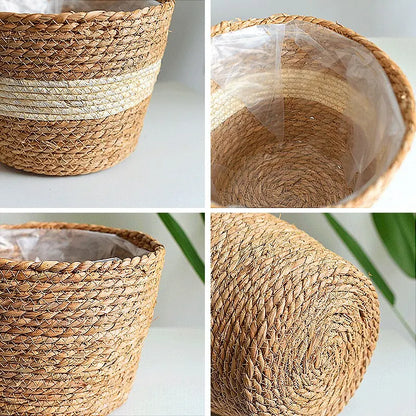 Käsintehty kudottu istutuskori pyykkivarasto koristeellinen kori olkihippu Rattan Seagrass puutarhakukkapotin säilytyskori