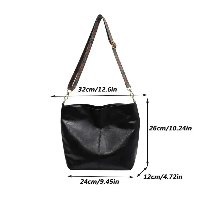 Kvinder mode skulder slynge taske vintage brun pu læder høj kapacitet enkel bred rem spand crossbody kvindelige pendlerposer