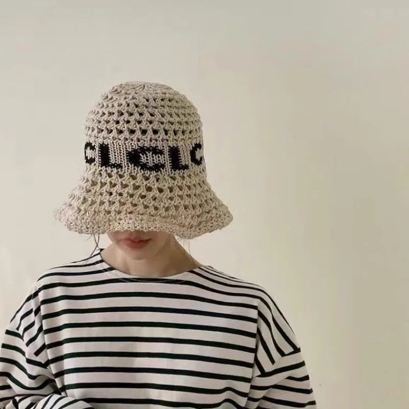 2024 New Korean Ins Retro Letter Straw Hat Spring and Summer Vacation Sunshade Foldable Tether Simple Sun Cap for Women‘s