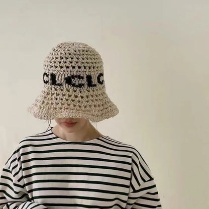 2024 New Korean Ins Retro Letter Straw Hat Spring and Summer Vacation Sunshade Foldable Tether Simple Sun Cap for Women‘s