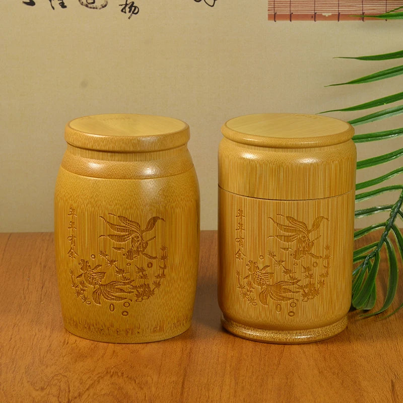 Handmade Bamboo Tea Storage Box Chinese Carved Tea Canister Lid Seal Kitchen Storage Jars Accessories Spice Box Organizer