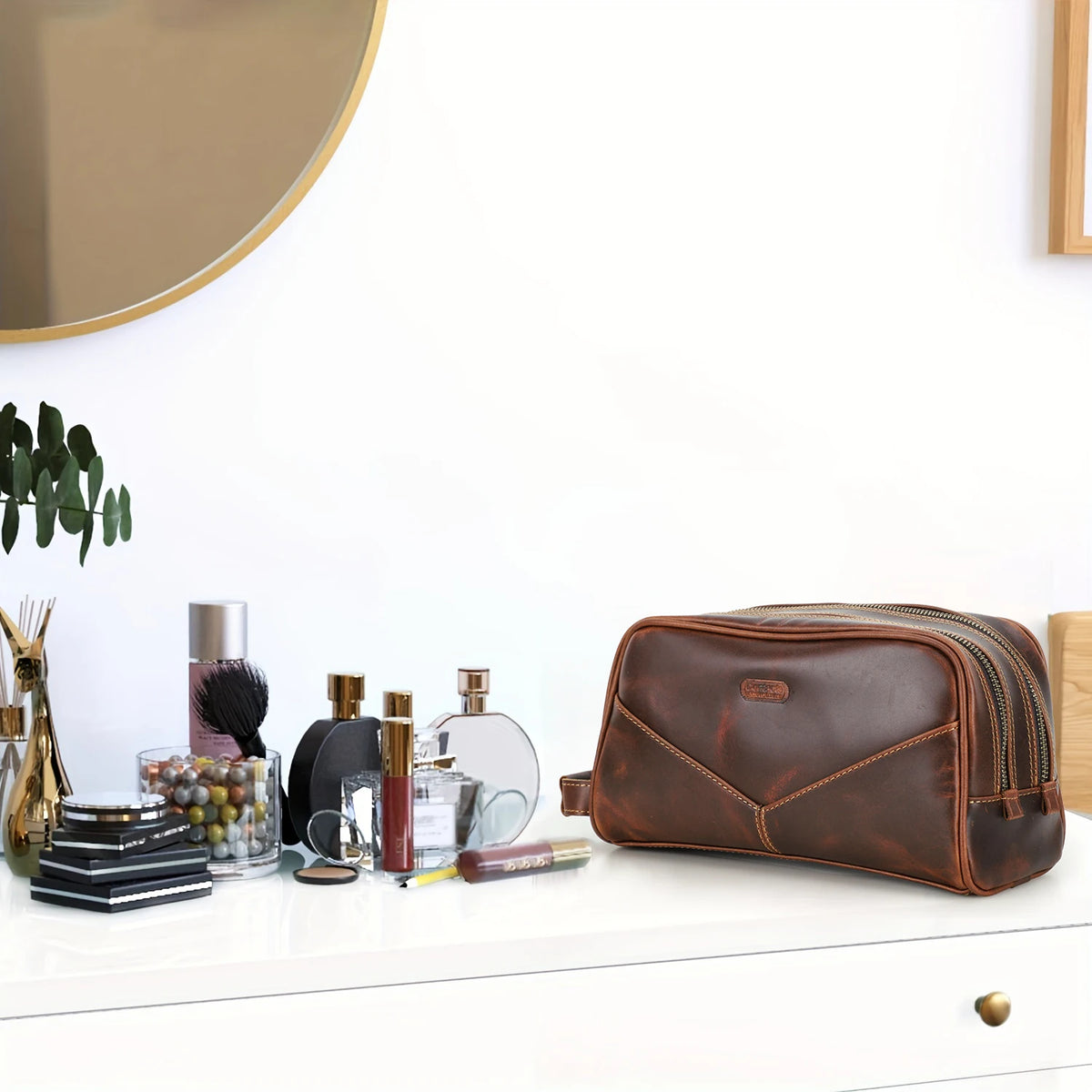 Vintage Crazy Horse Leather Men Cosmetic Cas