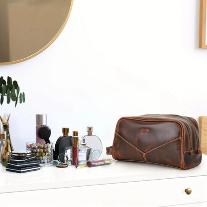 Vintage Crazy Horse Leather Men Cosmetic Cas