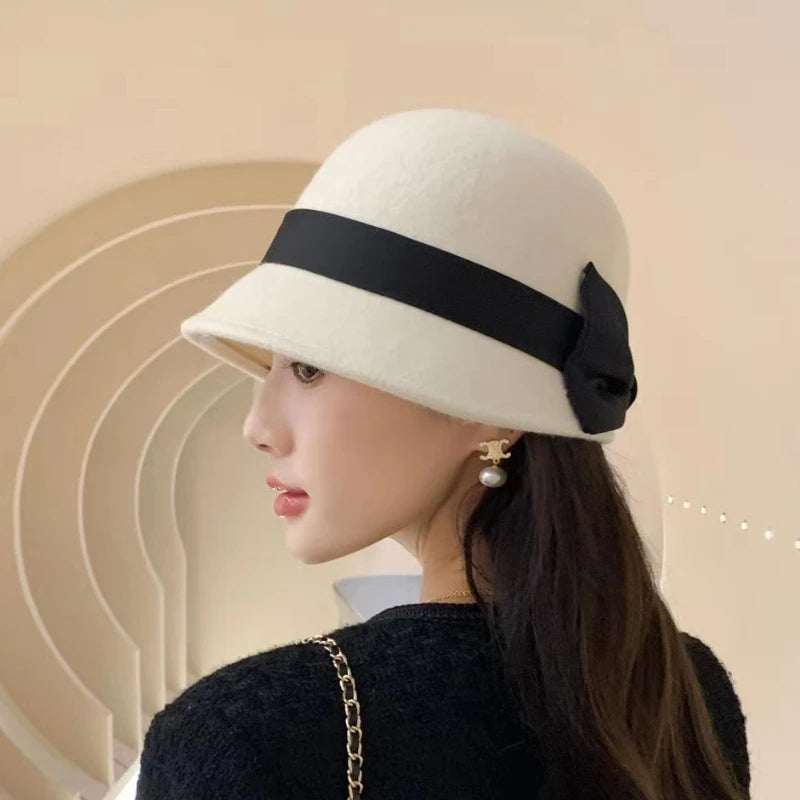 Hepburn Style Silk Hark Hark Hat për Gratë Vjeshtë-Drita Lesh Australiane Felt Hat Hat Delikat dhe Elegante Fisherman