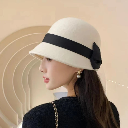 Hepburn-stil silke buebassenghatt for kvinner høst-vinter australsk ull følte hat delikat og elegant fiskerhatt