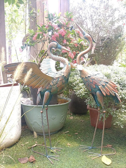 2pc / emball Garden Metal Crane Statues Ornements Patio Lawn Pond Yard Bird Art Decor Outdoor Standing Iron Heron Sculpture 83 / 94cm