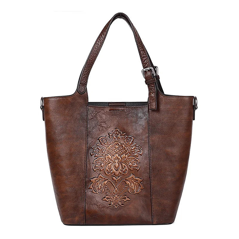2024 Nové vintage styl luxusní kabelky Ženy Velká kapacita Bucket Bag Trial Cowhide Ručně vyrábějící dámské tašky na rameno