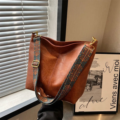 Kvinder mode skulder slynge taske vintage brun pu læder høj kapacitet enkel bred rem spand crossbody kvindelige pendlerposer