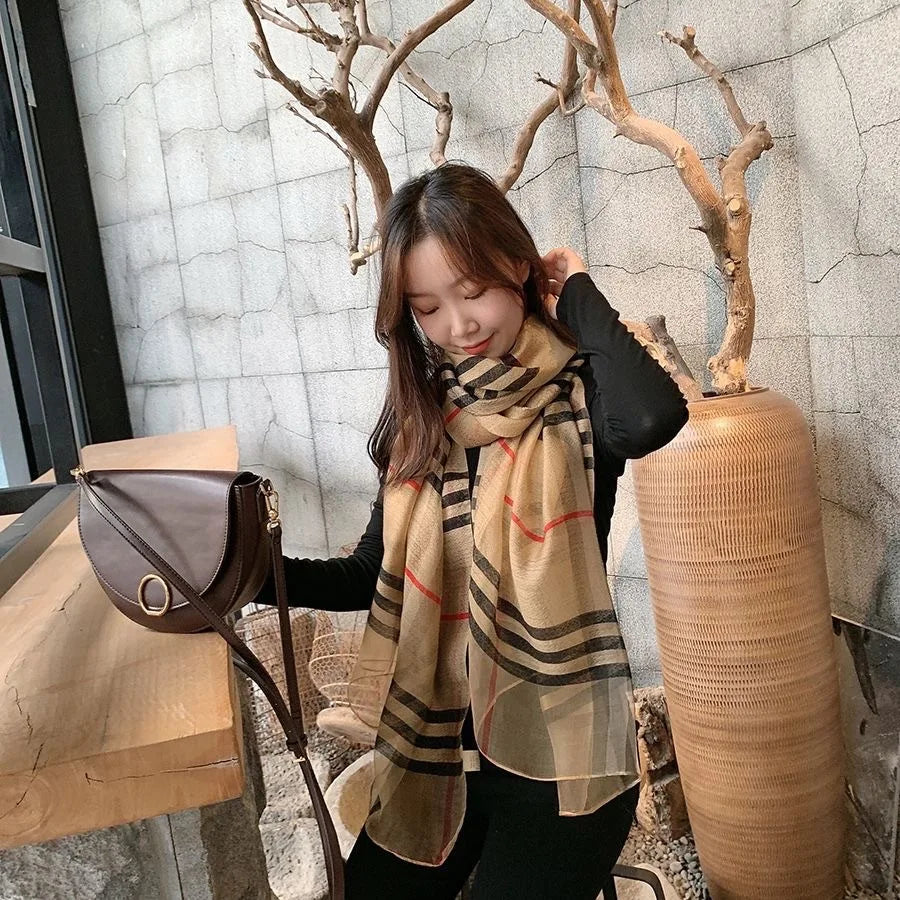 Nytt rutete skjerf Kvinners høst/vinterkoreansk utgave Allsidig Mulberry Silk Shal, Silk Wool Scarf, Long Dual Use Scarf
