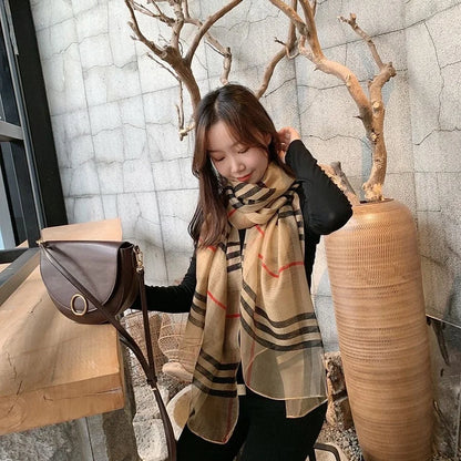 Nytt rutete skjerf Kvinners høst/vinterkoreansk utgave Allsidig Mulberry Silk Shal, Silk Wool Scarf, Long Dual Use Scarf