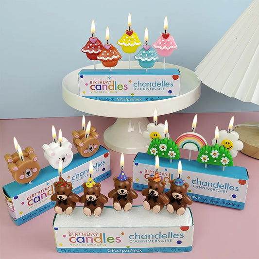 1set Bear Flower Theme Candle Baby Shower Cake Topper Dessert Candle Happy Birthday Candle Party Cake Decorations Supplies